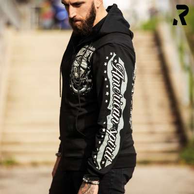 Authentischer Biker Zip Hoodie mit Adler US Flagge und V Motor Langer Schnitt aus hochwertiger Baumwolle in GroBen von M bis 5XL Rockyfy